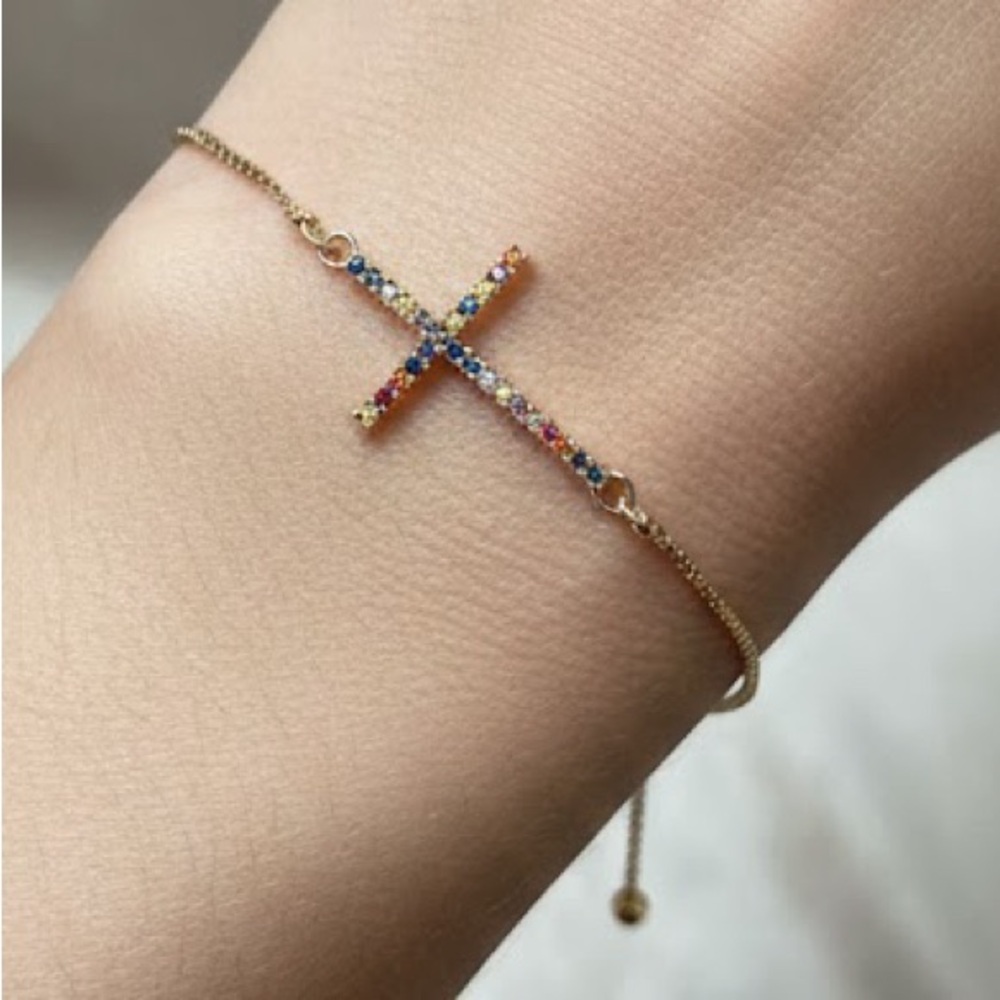 New 14k Gold Plated Cross with Multicolor CZ Adjustable Bracelet